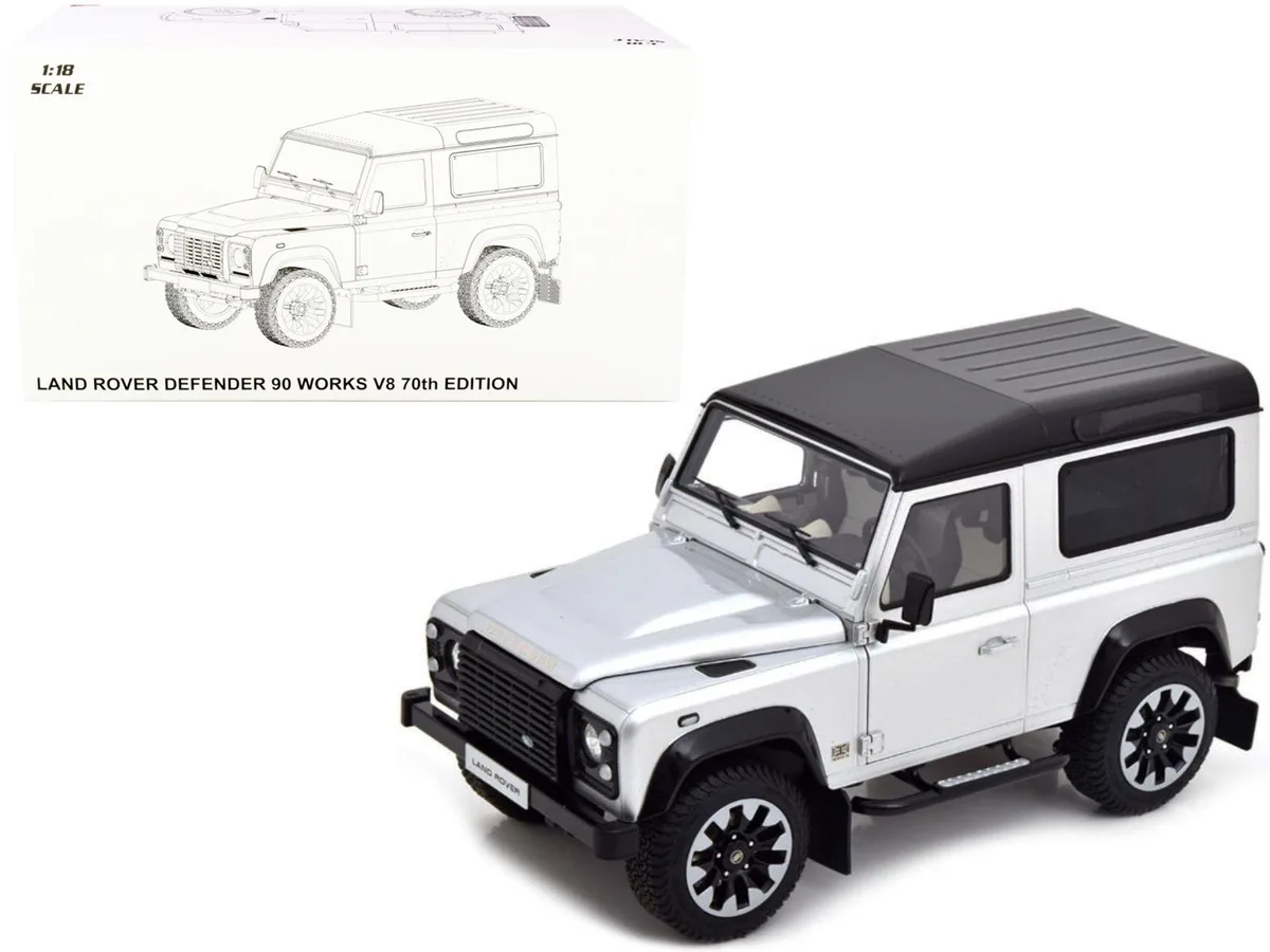 LCD Models LCD Models Land Rover Defender 90 Works V8 Silver Metallic Gloss Black Top 70th Edition 1/18 Diecast Car — product photo