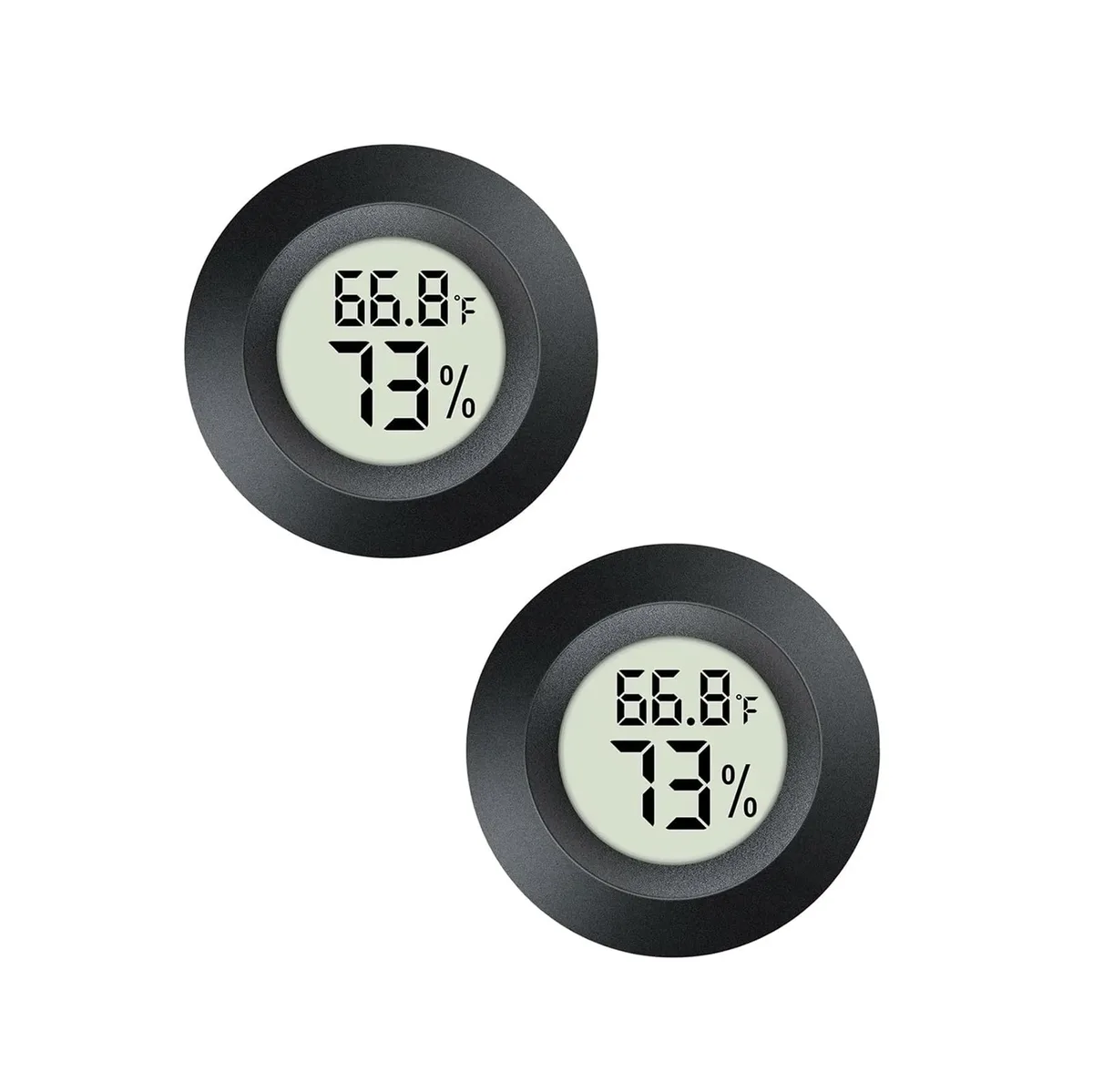 Two small round digital hygrometer thermometers with LCD screens in a 2-pack