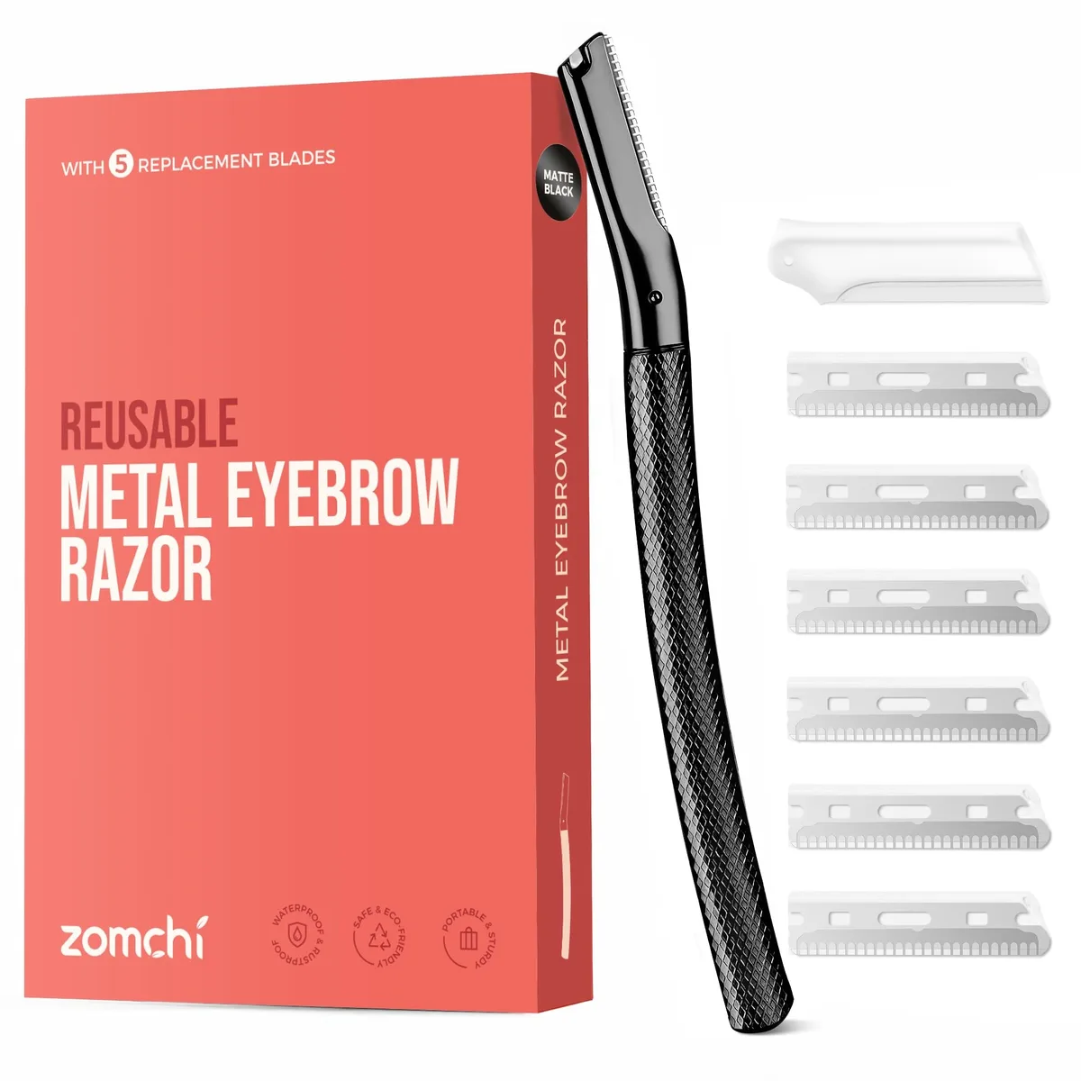 Six black eyebrow razors with protective covers, metal handles, silicone caps