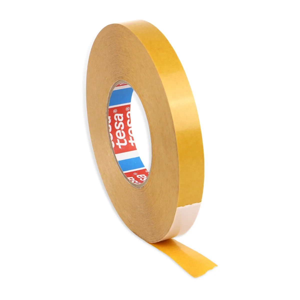White double-sided PVC tape roll, 8.9 mils thick, mustard-yellow liner