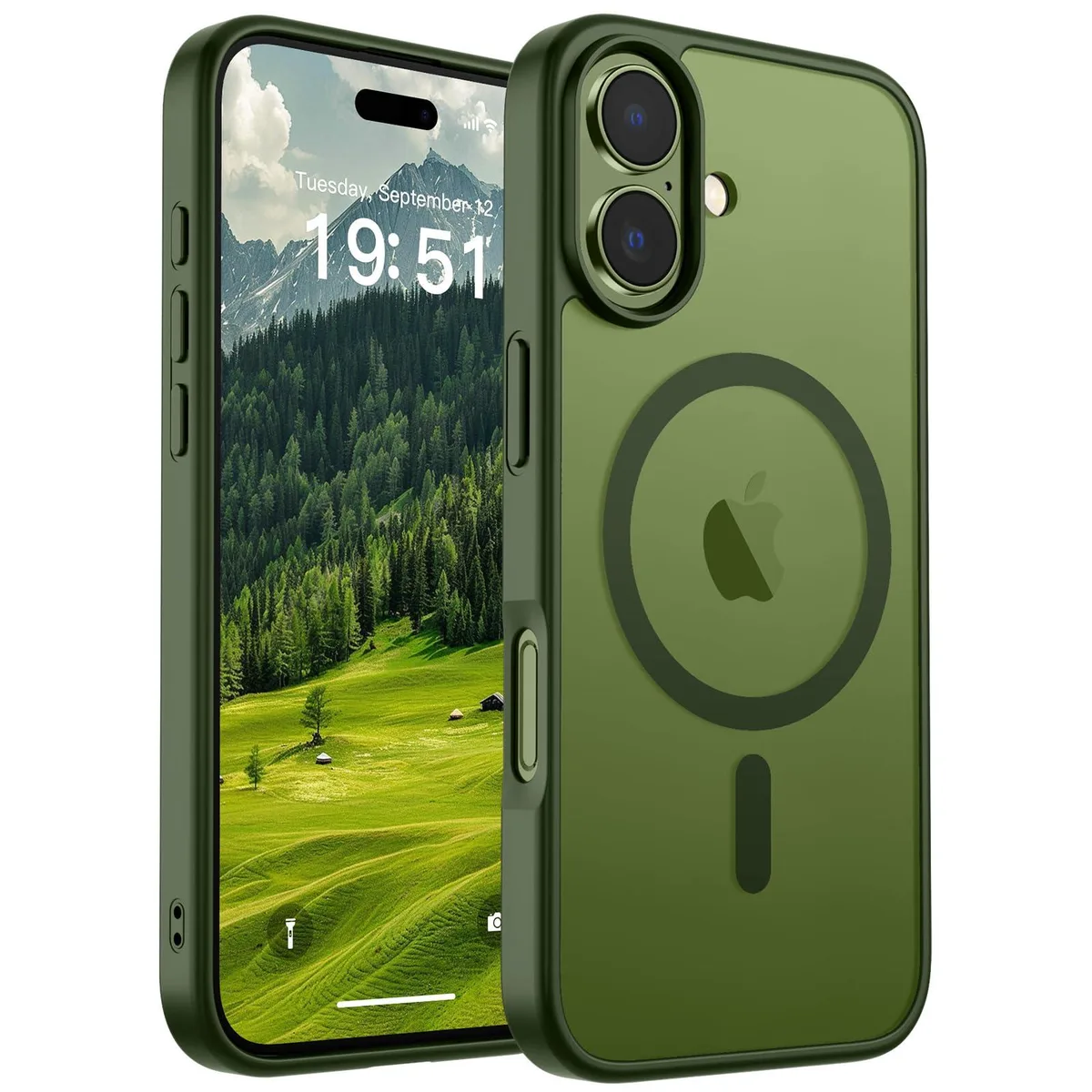 Translucent matte green iPhone 17 case with magnetic ring