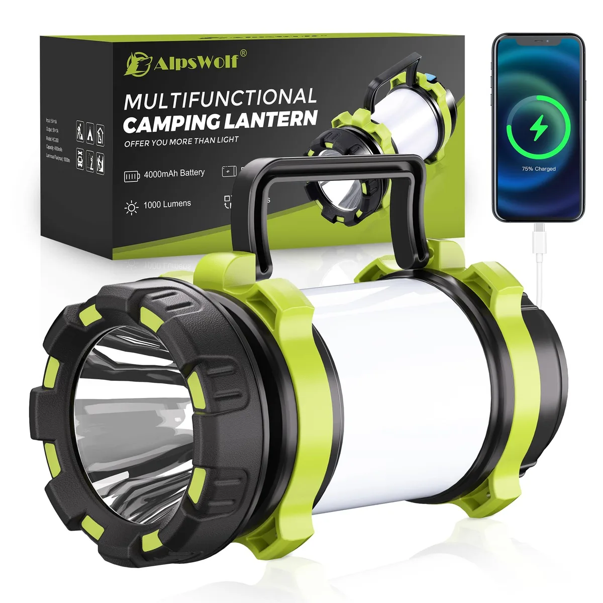 Green cylindrical lantern with top hook and side button
