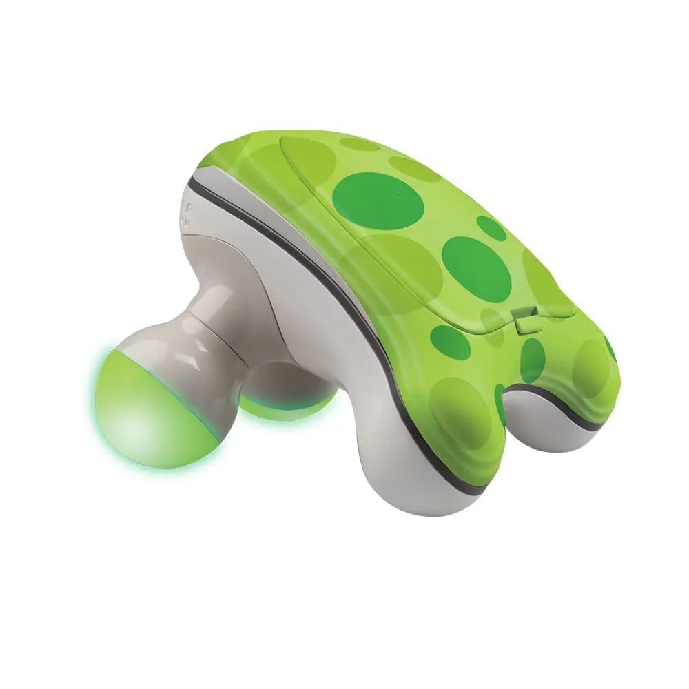 Green frog-shaped handheld massager with textured grip and four massage nodes