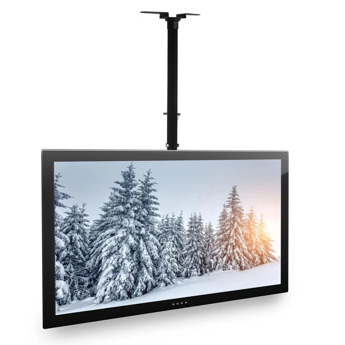 Black metal ceiling TV mount with adjustable arms and tilt joint
