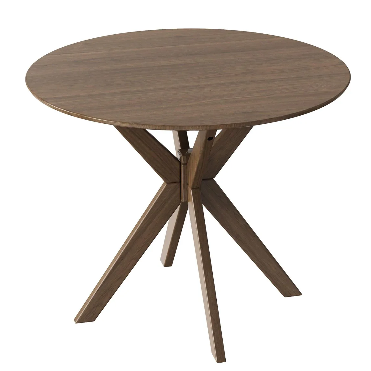 Walnut round dining table 36 inches wide with intersecting pedestal base