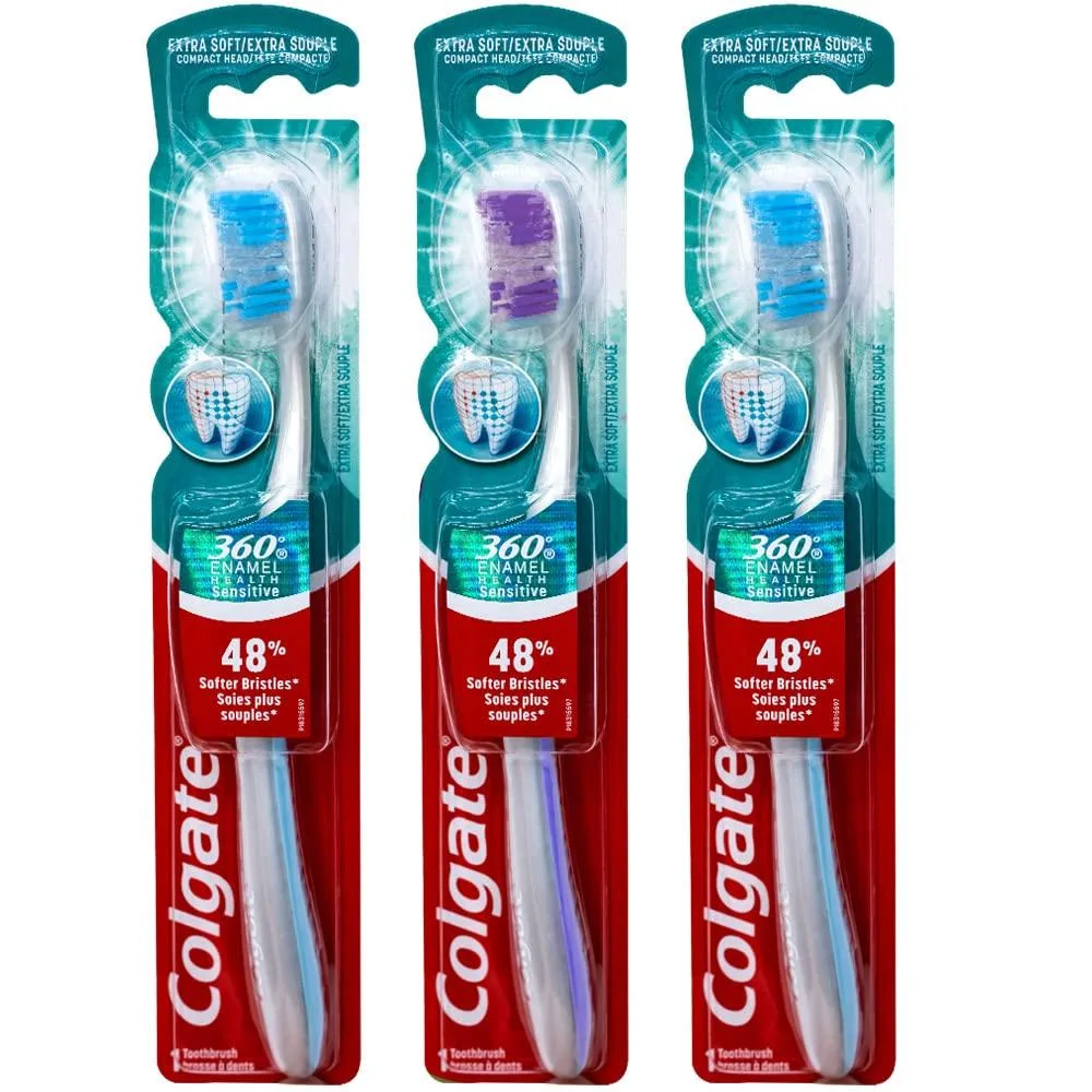 Three Colgate 360 manual toothbrushes, compact heads, extra soft multicolor bristles
