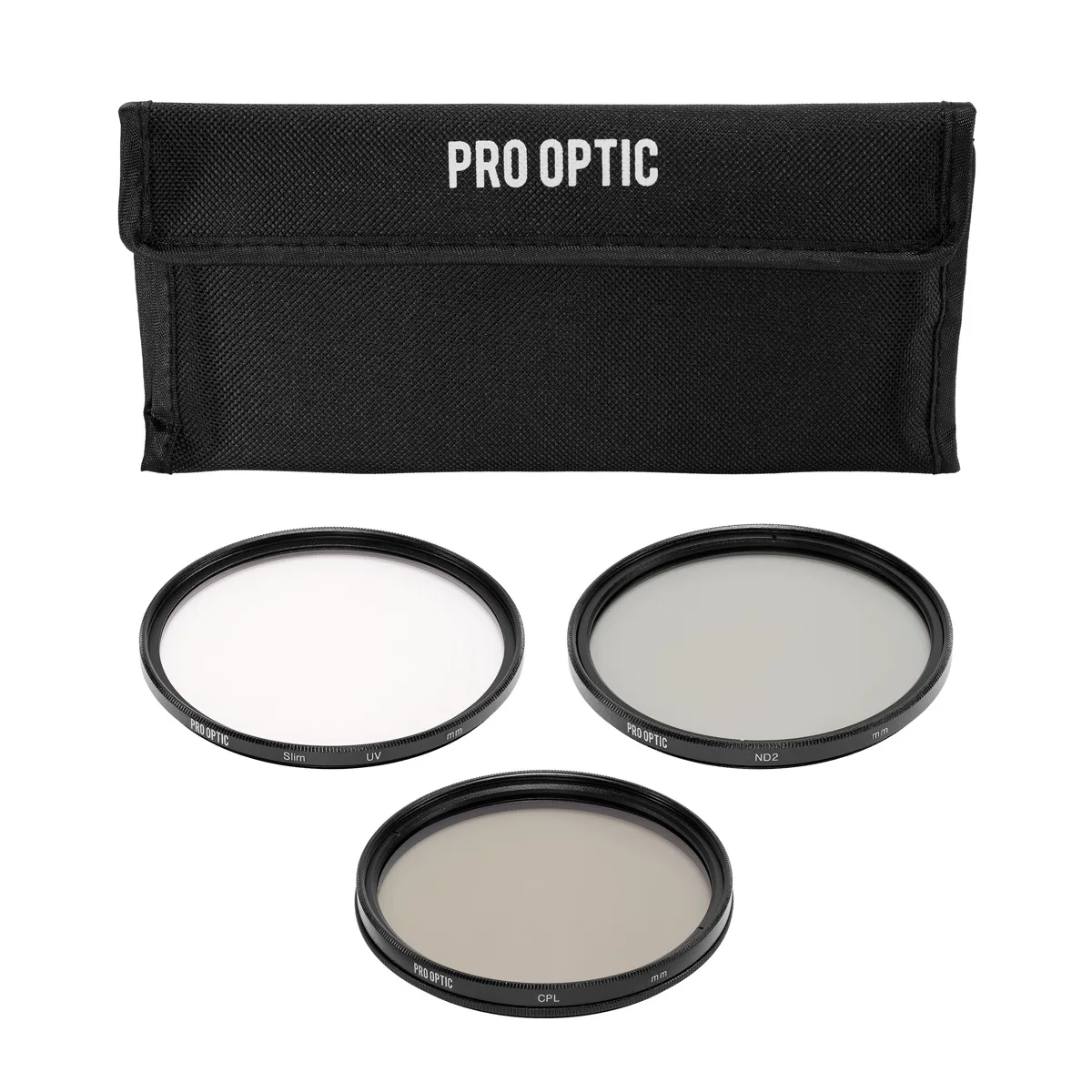 Three 62mm camera filters in black aluminum frames with multi-coated glass