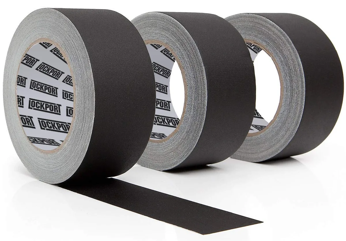 Three matte black cloth tape rolls, two inches wide, thirty yards each