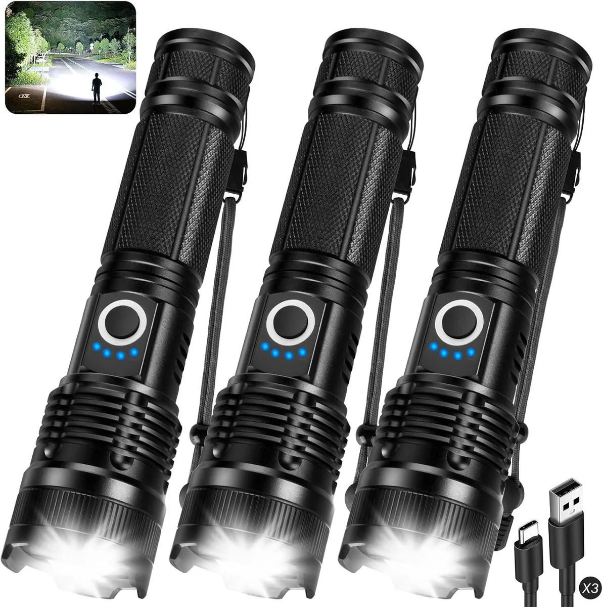 Three rechargeable USB-C flashlights with power display and adjustable beam