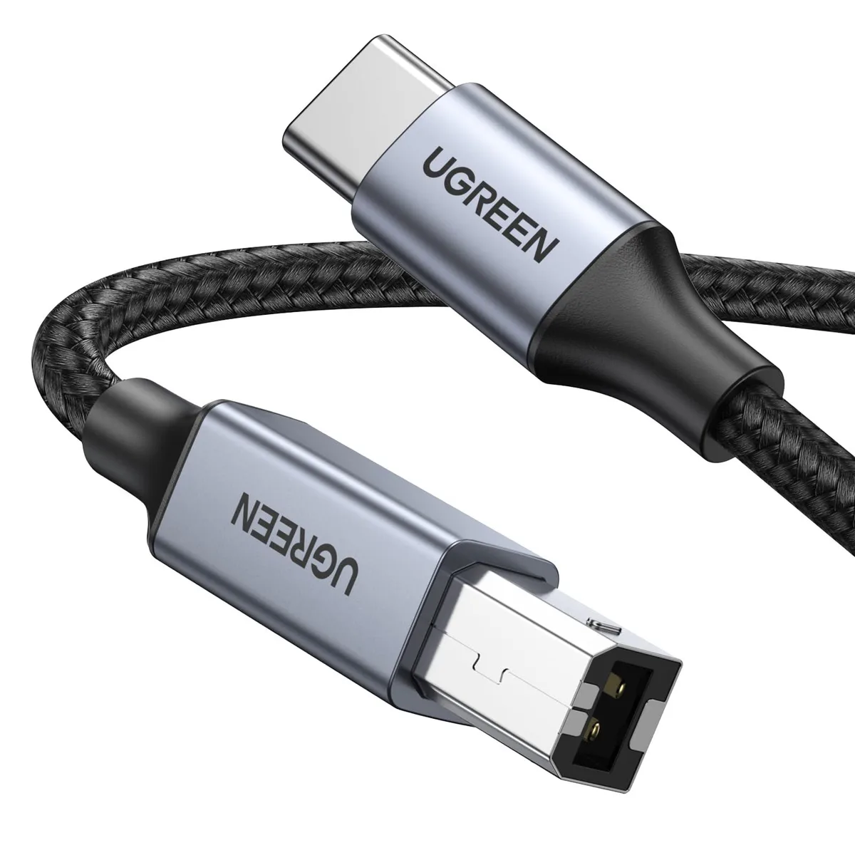 Silver braided USB-C to USB-B printer cable, 3 ft