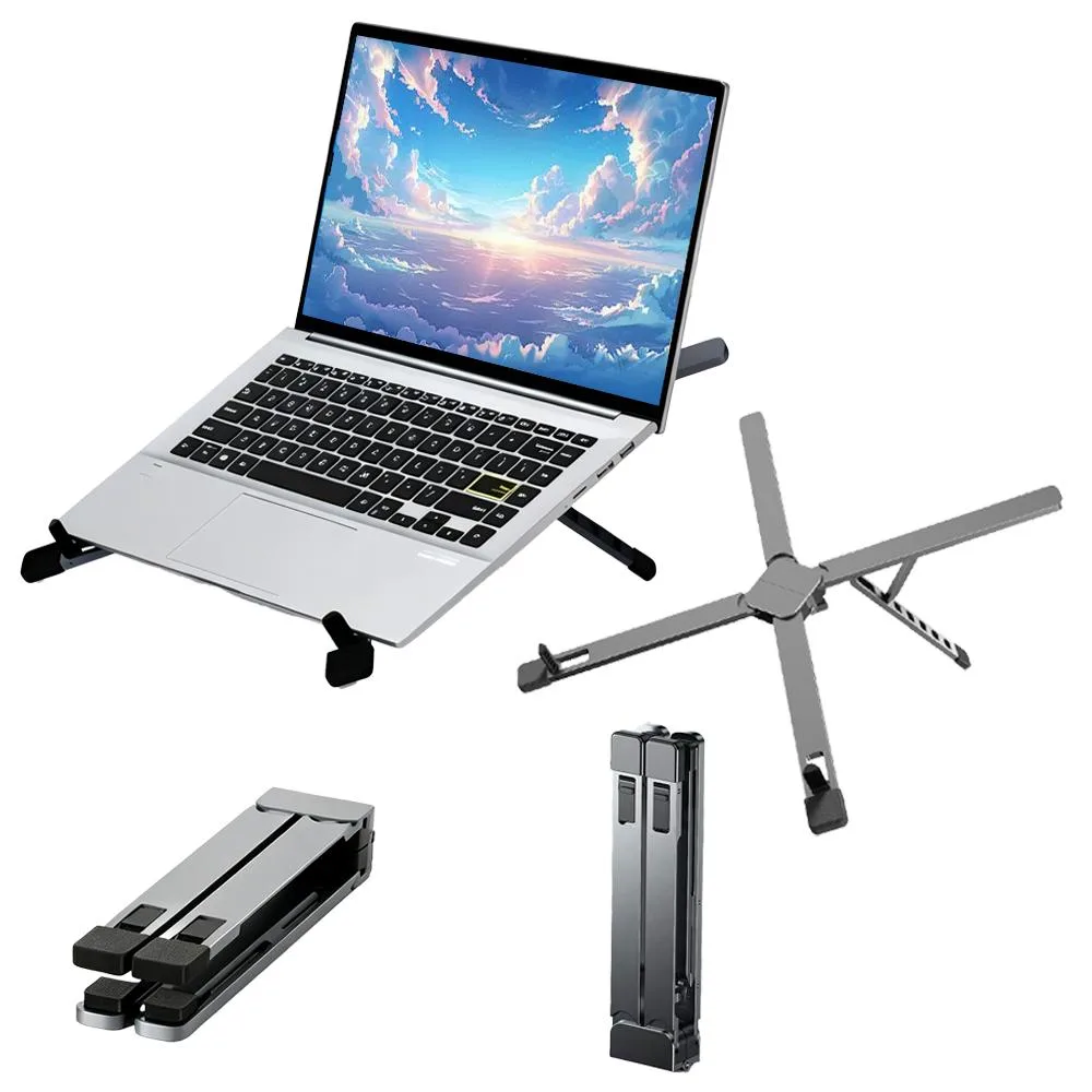Gray aluminum laptop stand folded flat, open rectangular frame with six angle settings visible