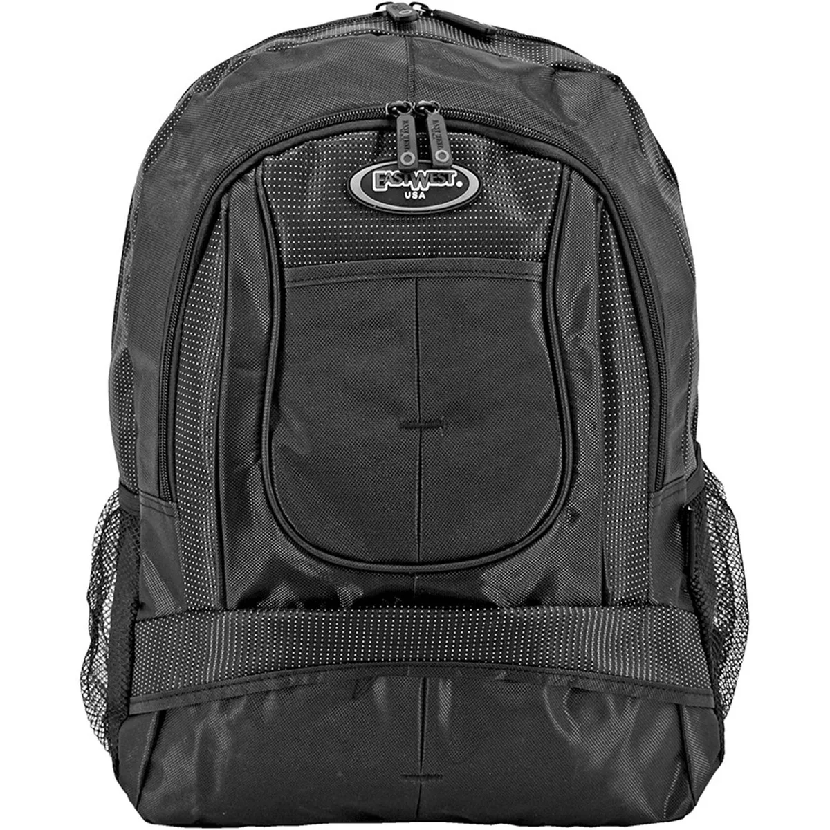 Black 600D polyester backpack with padded straps and mesh side pockets
