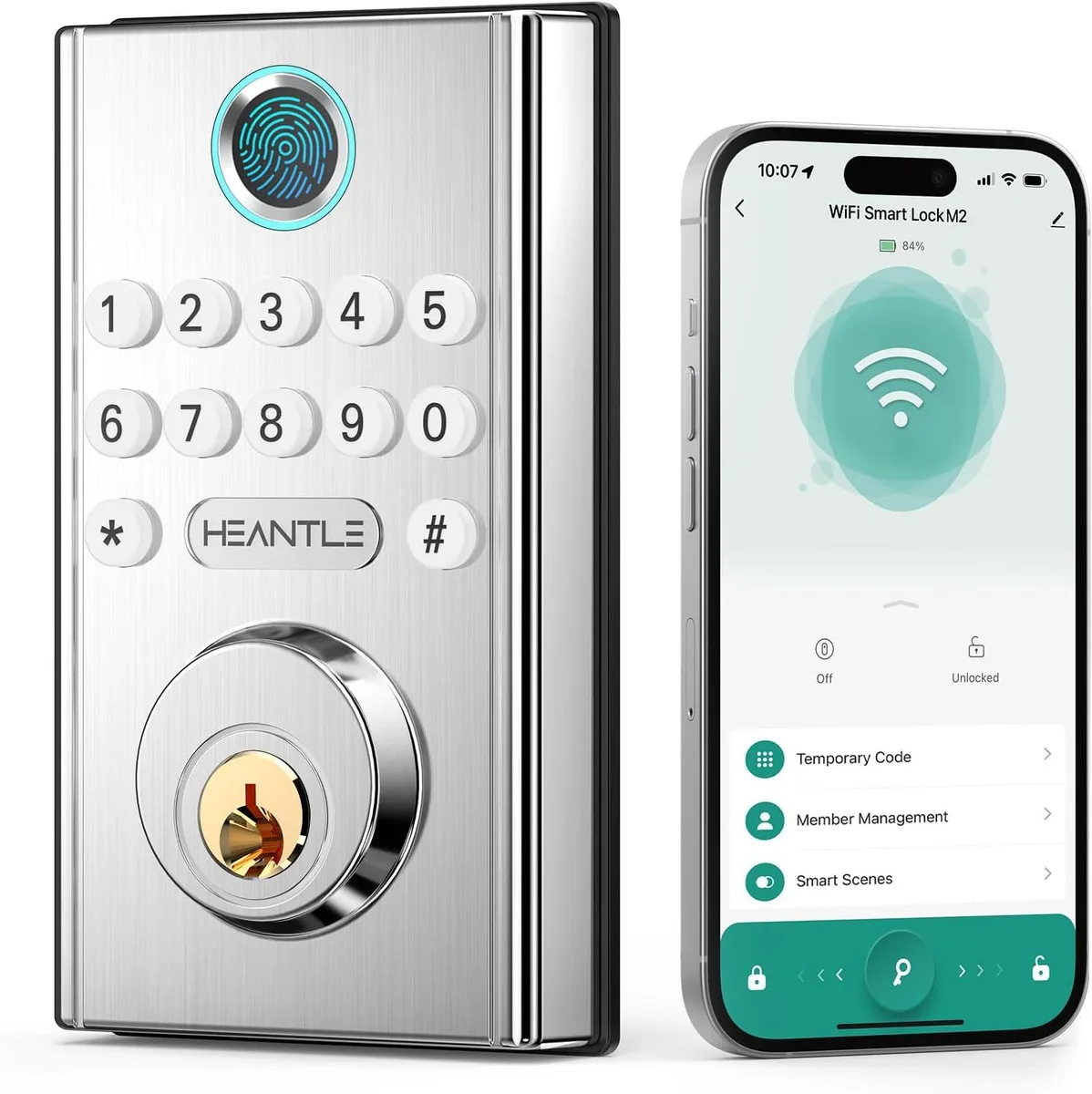 HEANTLE HEANTLE Smart Door Lock Silver WiFi Fingerprint Keypad Auto Lock 0.3s 100 codes 50 prints 5-900s auto lock — product photo