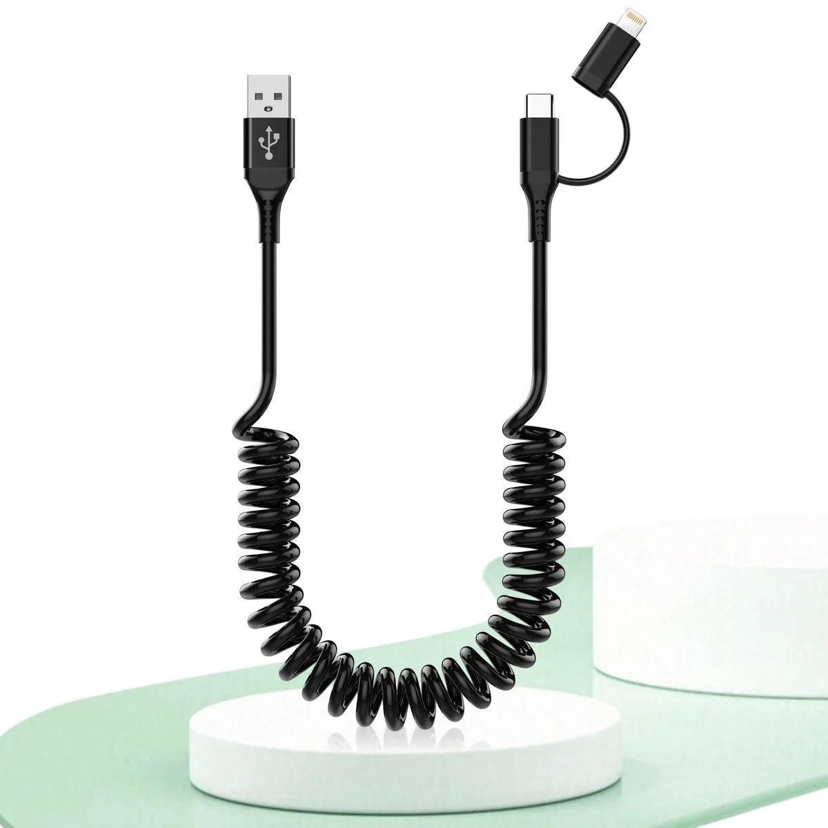Black coiled 2-in-1 cable with USB-A, USB-C and Lightning tips