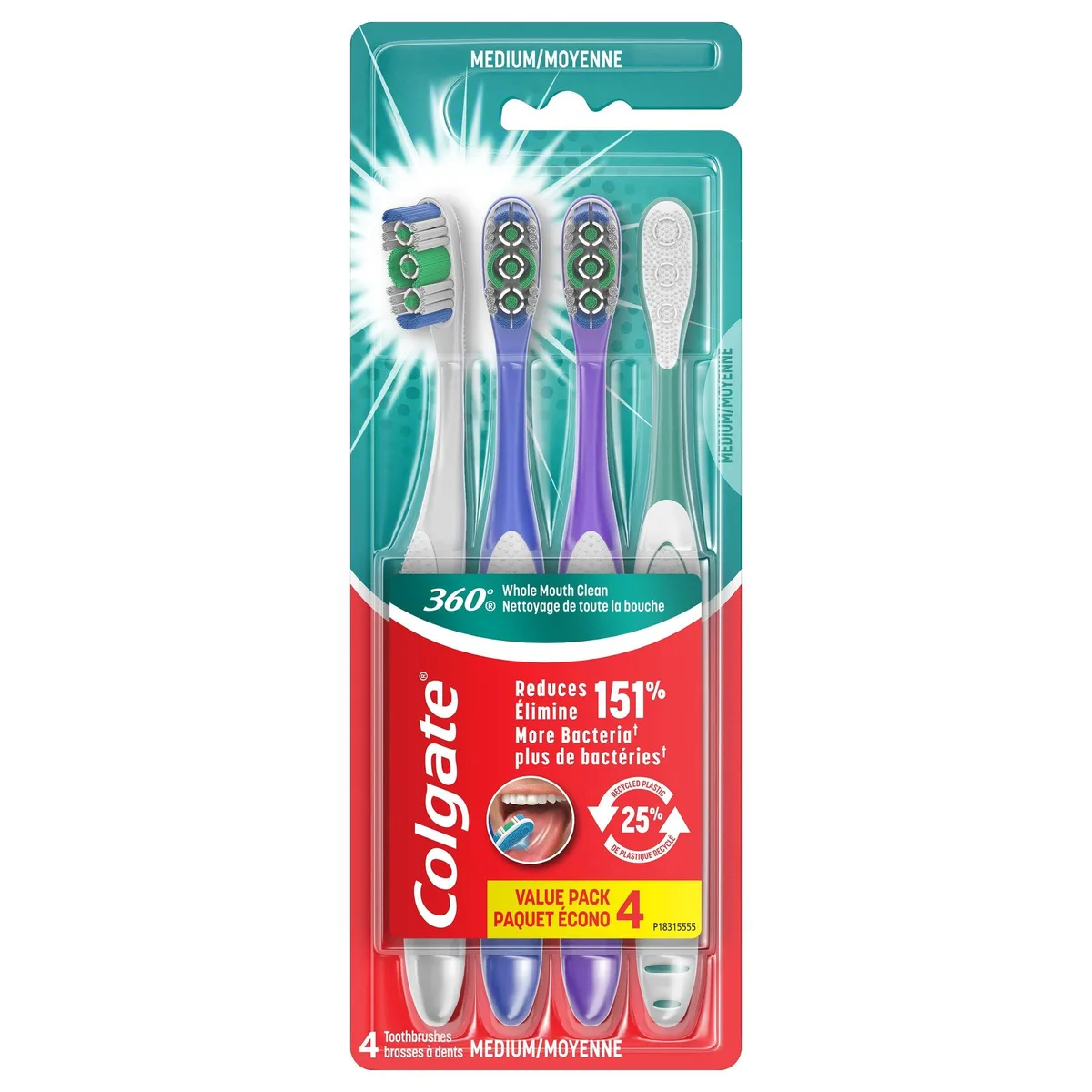 Four red manual toothbrushes with white bristles and tongue cleaners