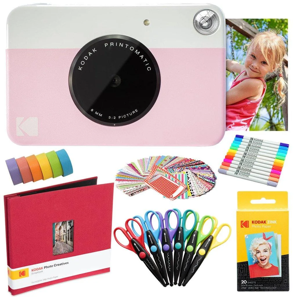 Kodak Kodak Printomatic 10MP Instant Camera Pink Art Bundle 20 Sheets Scrapbook Markers Stickers Scissors Tape — product photo
