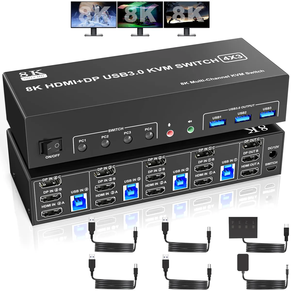 Vszerda Vszerda DKM403B-USB3.0-HPZ KVM Switch 3 Monitors 4 Computers 1 HDMI 2 DisplayPort 8K@60Hz 4K@144Hz USB 3.0 — product photo