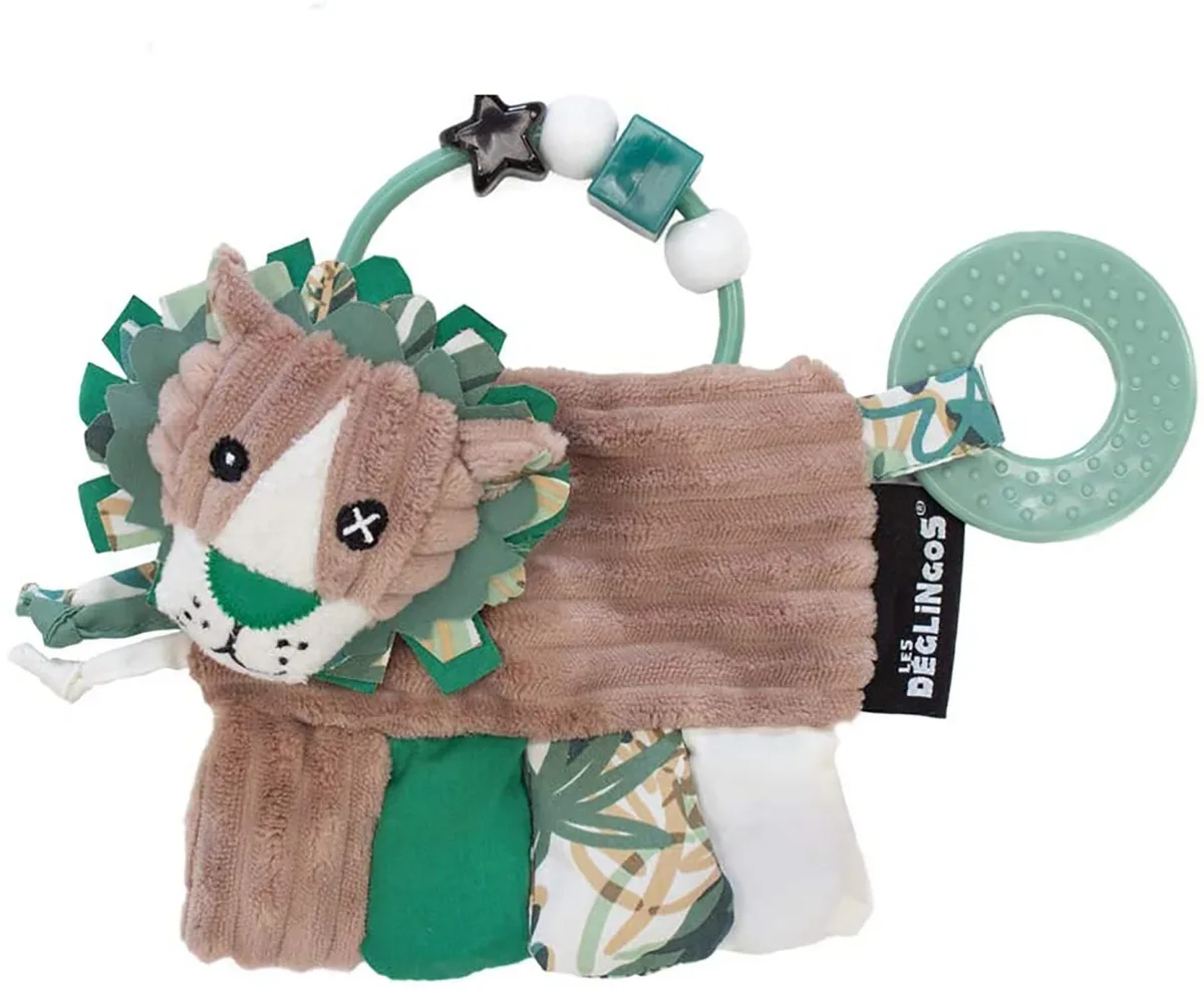 A soft velvety plush lion rattle with attached teething ring and knotted details
