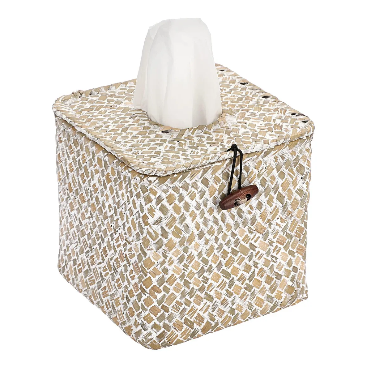 Square woven seagrass tissue box cover with lid and elastic buckle closure
