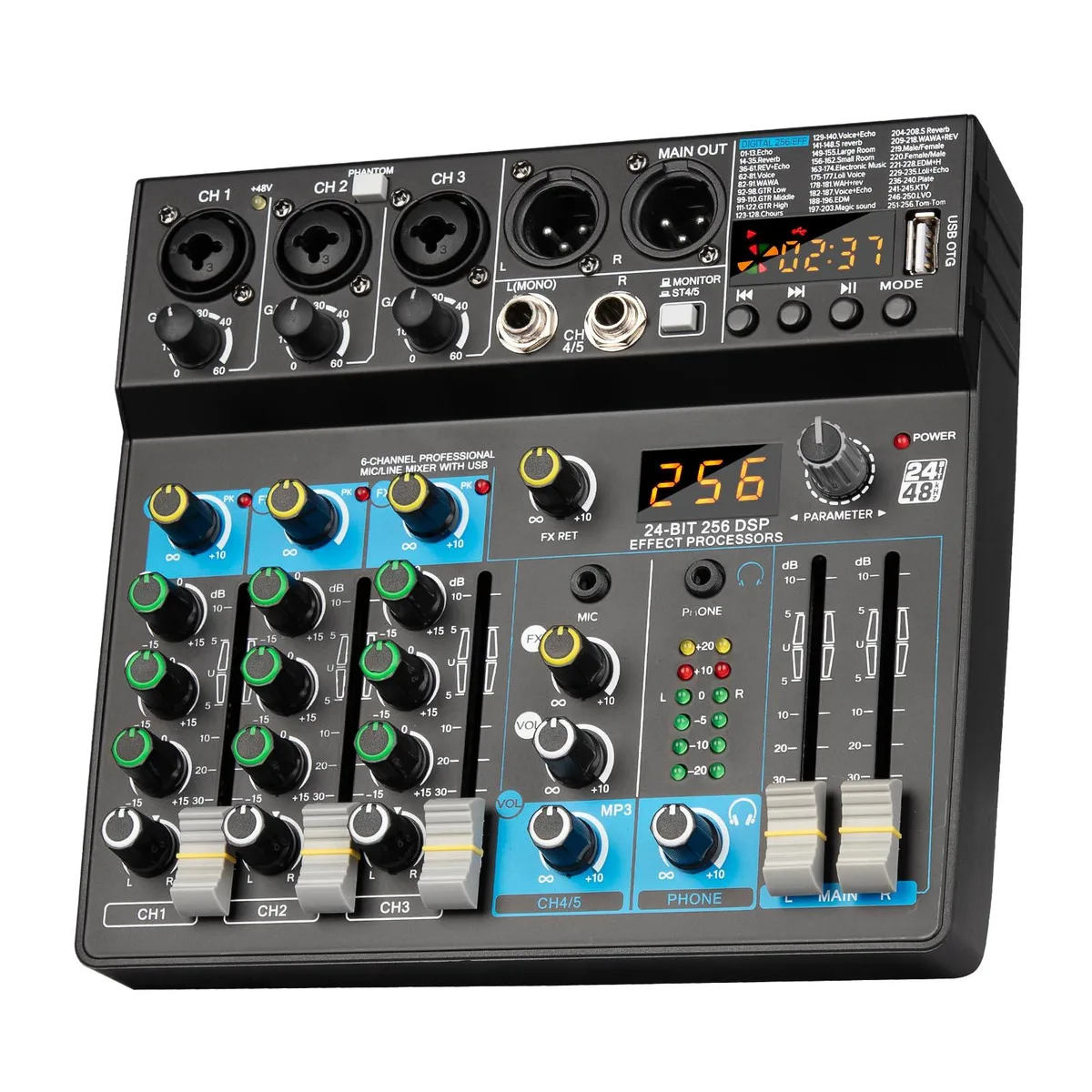 Depusheng 5-Channel Audio Mixer 256-Bit DSP Bluetooth 48V Phantom Power — product photo