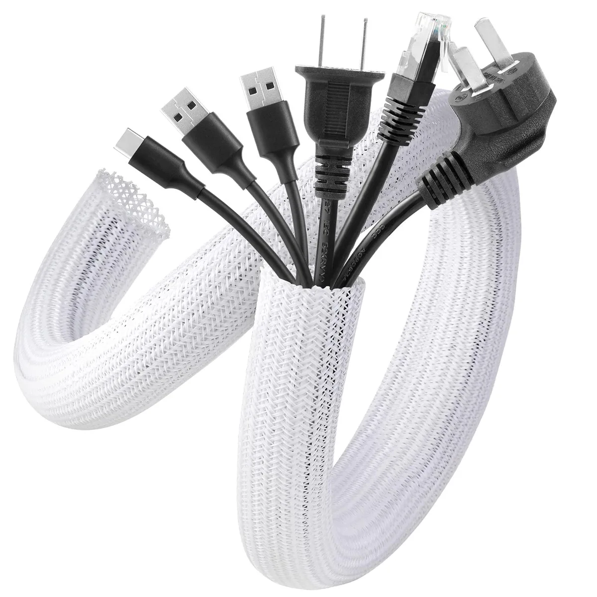 White self-closing cable sleeve, 118 inch length, 1.2 inch diameter, PET material