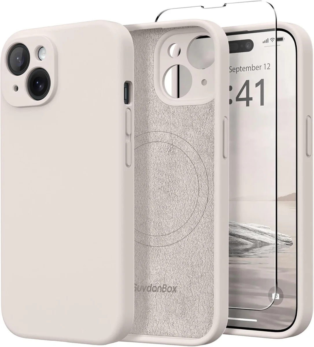 Stone-coloured liquid silicone iPhone 15 case with MagSafe ring, screen protector and camera cover
