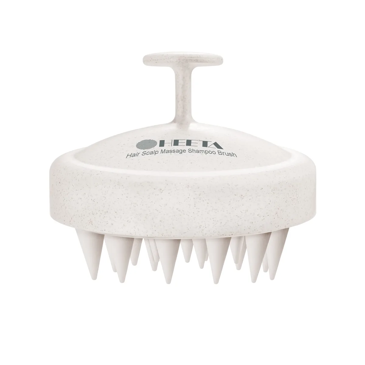 Small beige handheld scalp brush with soft silicone bristles and wheat straw handle