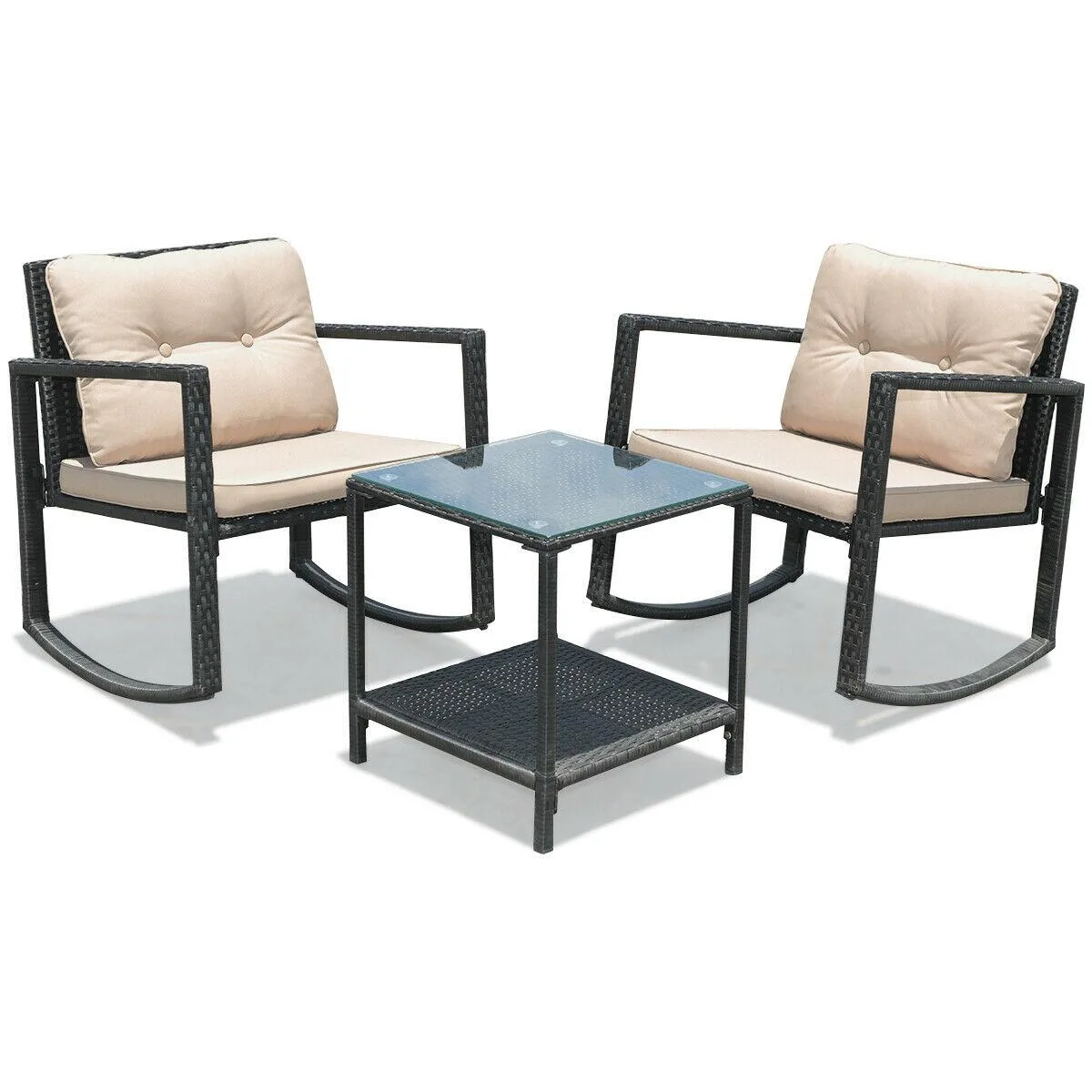 SlickBlue SlickBlue 3 Pcs Cushioned Patio Rattan Set with Rocking Chair and Table Beige — product photo
