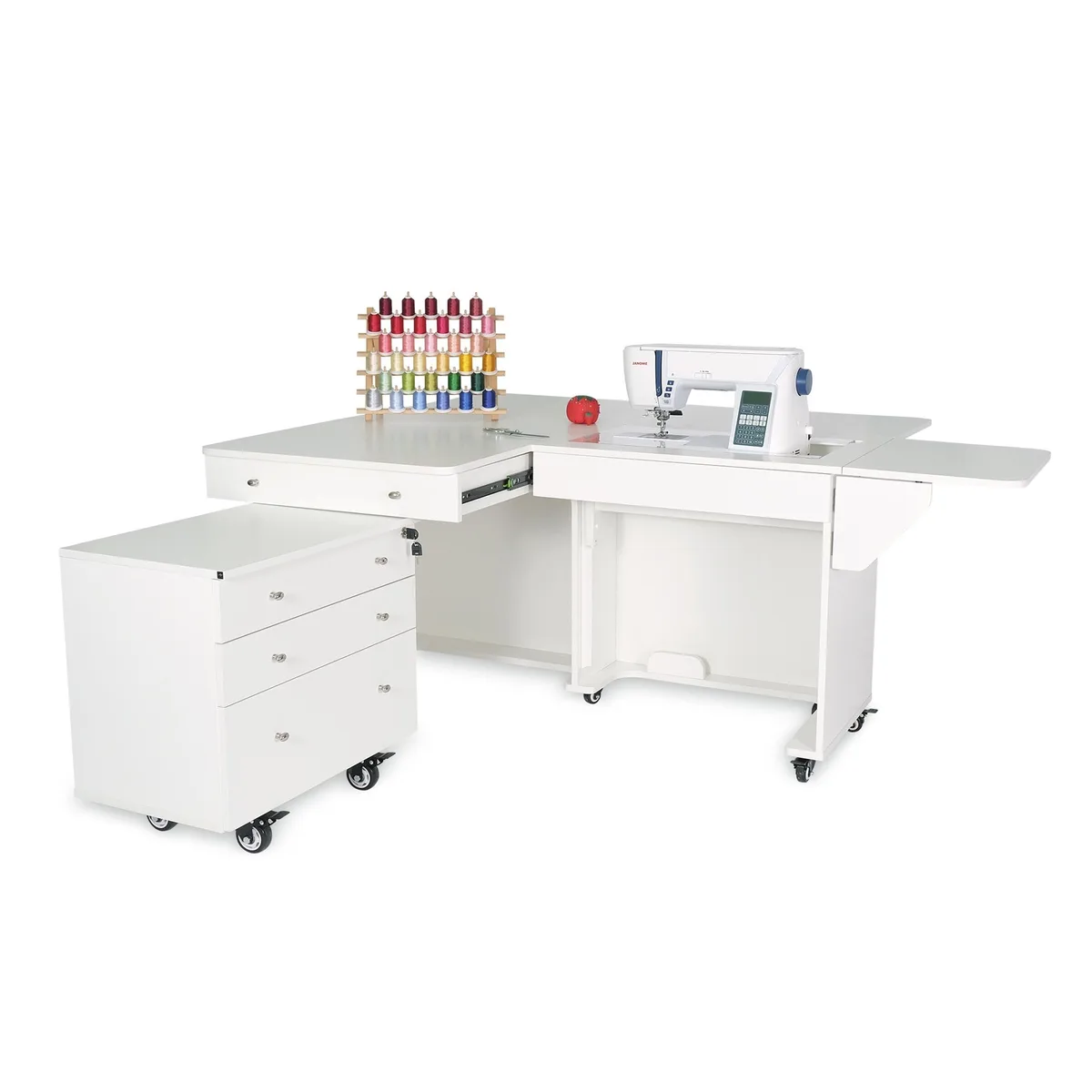 Arrow Group Arrow Group Kangaroo &amp; Joey Sewing Cabinet with Hydraulic Lift, Joey Caddy, Rear Quilt Leaf, Ash White — product photo