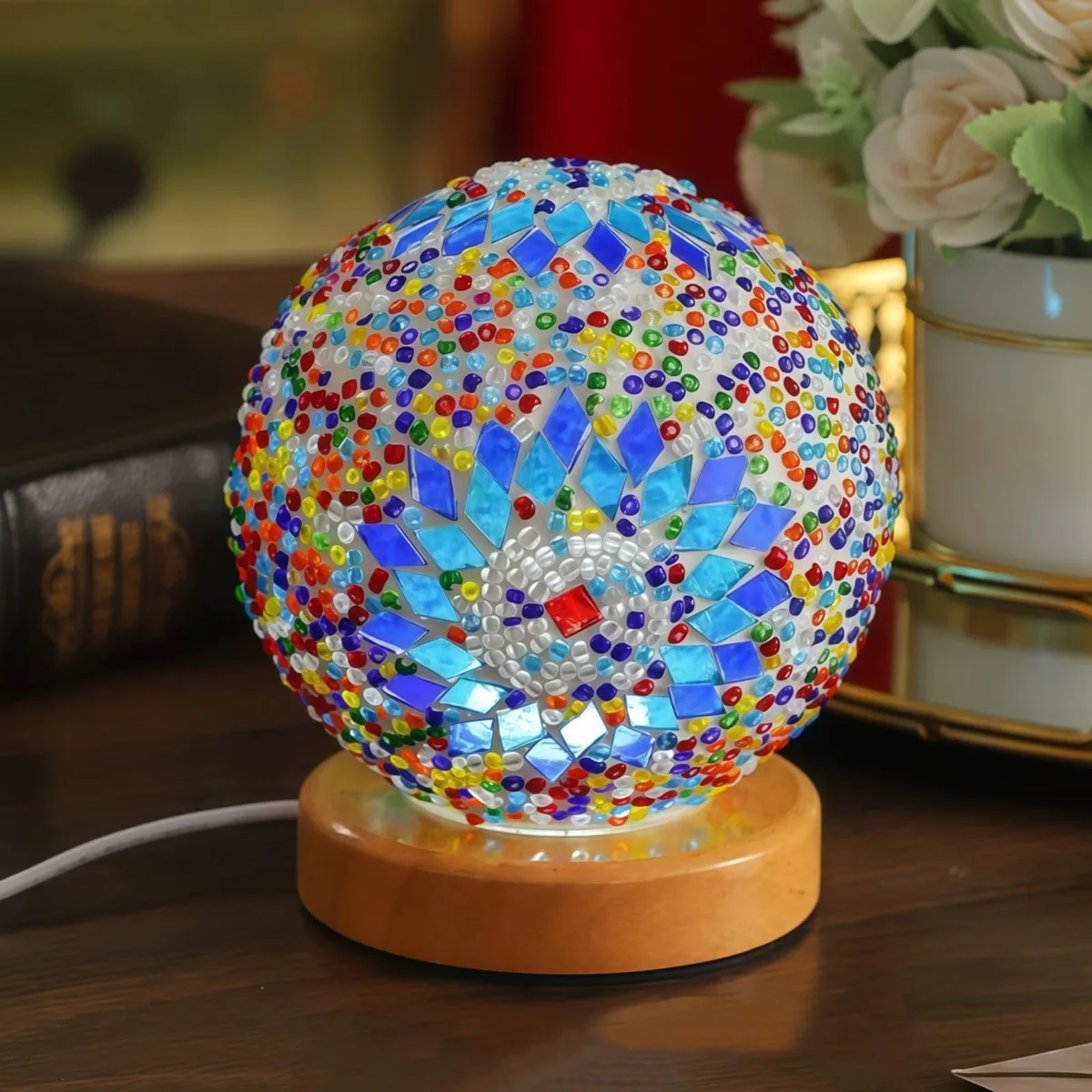 Small rectangular mosaic glass lamp on wooden base, 5.23 by 4.72 inches