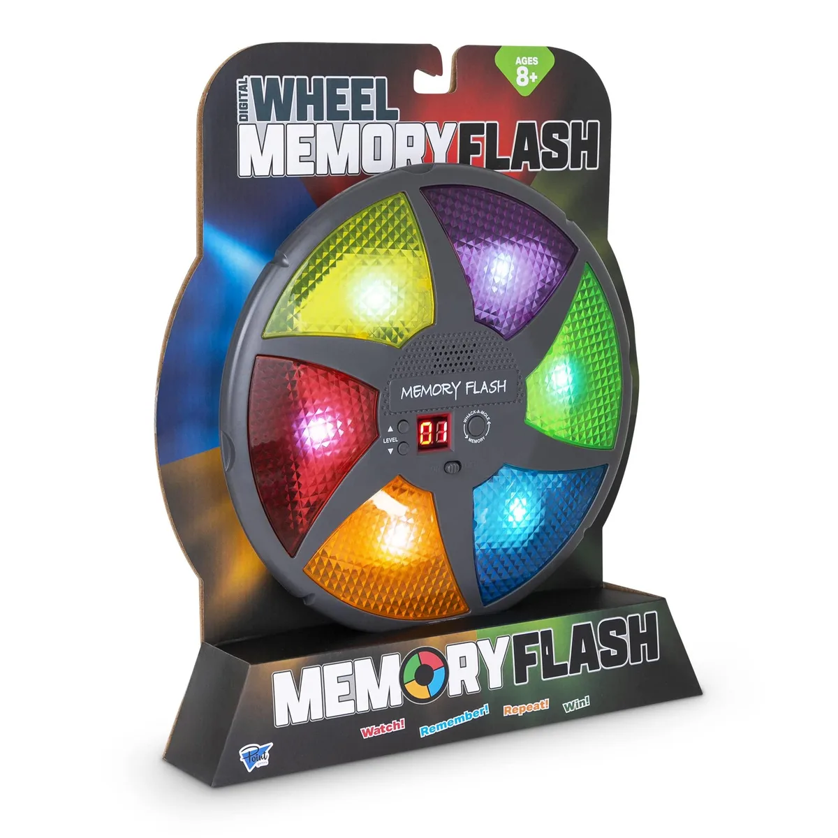 Black rectangular handheld electronic memory game with coloured buttons and digital display