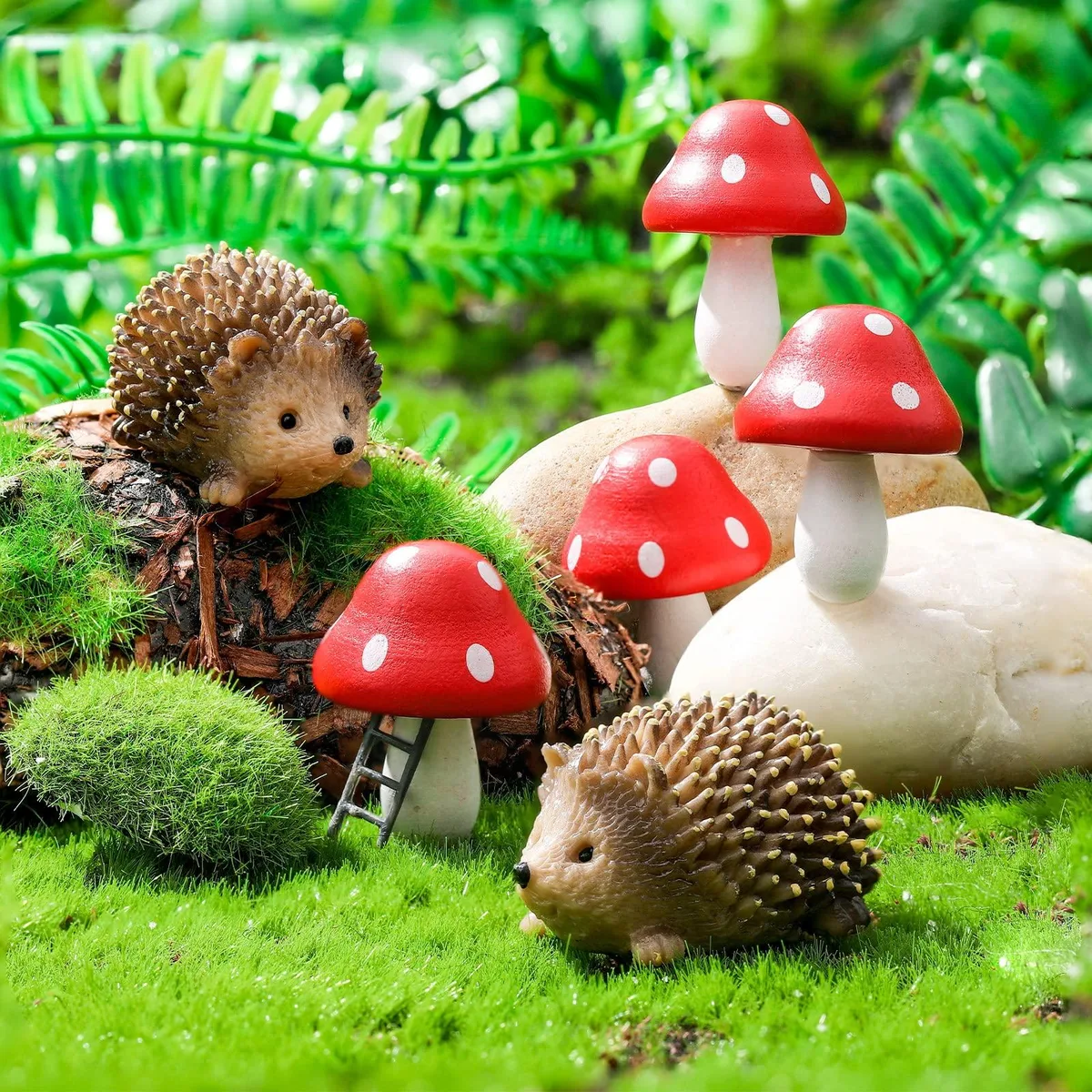 Six-piece set: two resin hedgehogs and four red wooden mushrooms, handmade miniature garden decor