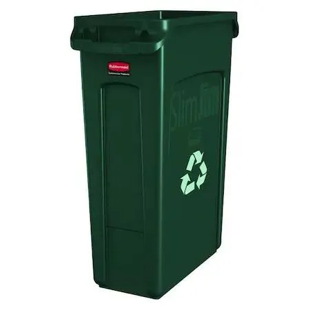 Green rectangular plastic recycling bin, 23 gal, open top, recycle symbol, UV stabilized gel coat finish