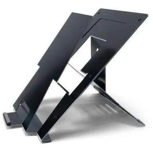 Black laptop stand with integrated document holder, flat base and angled platform