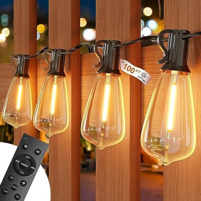 A 100FT outdoor string light with 52 warm LED bulbs and a remote control