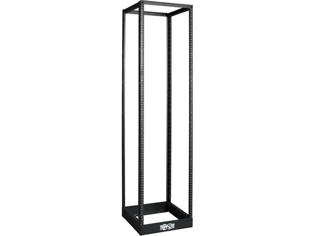 Black steel 45U four-post open frame rack with square numbered holes