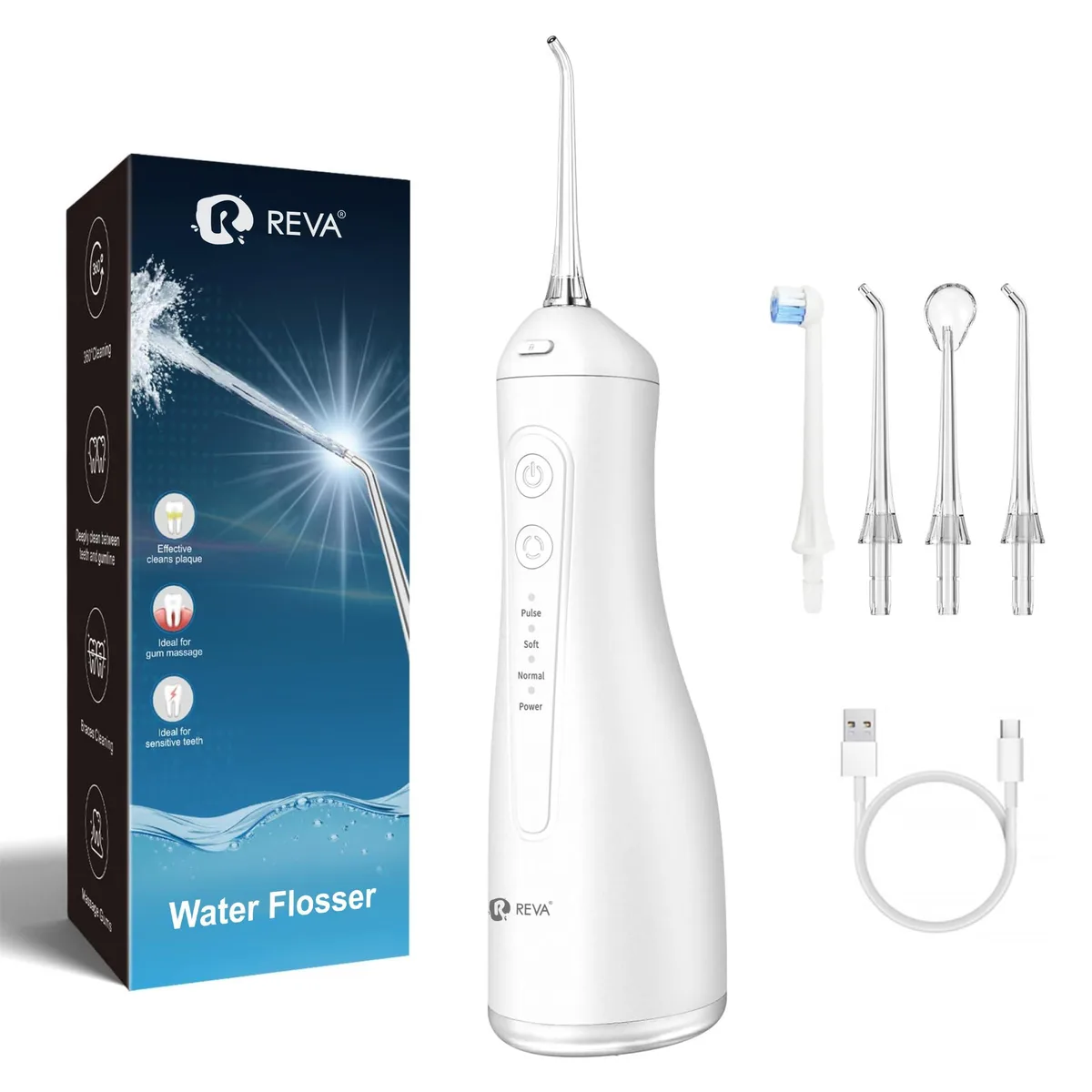 White cordless oral irrigator with built-in 300ml tank, 360° rotating nozzle and four jet tips