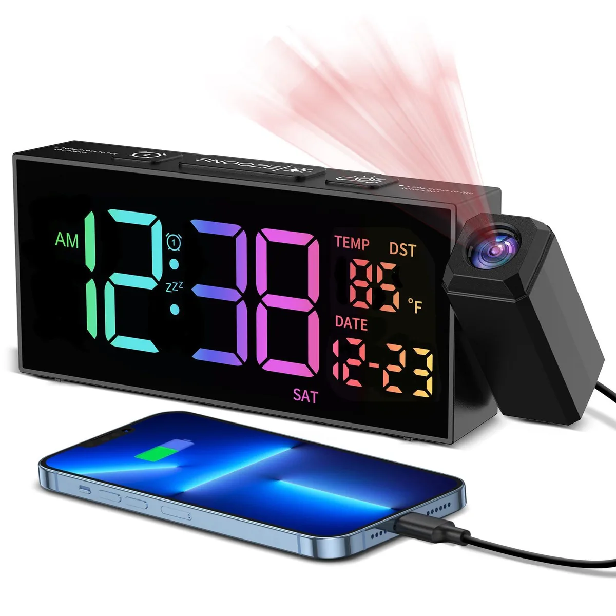 Rectangular digital clock with RGB finish and adjustable projection arm