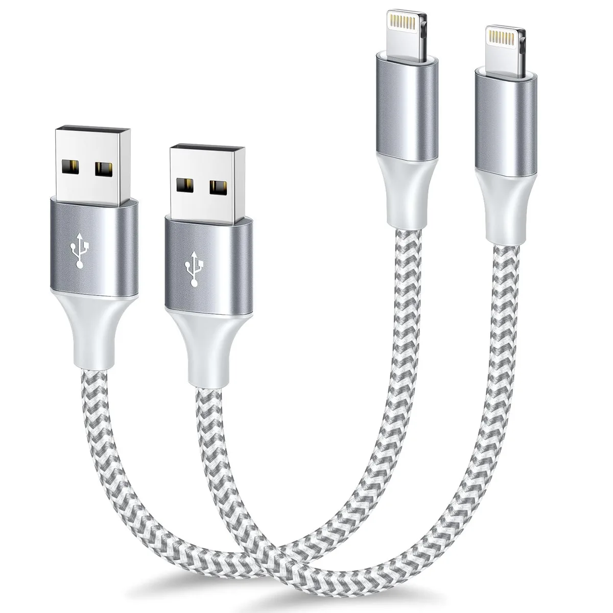 Two silver nylon-braided Lightning cables with USB-A ends, each 1ft long