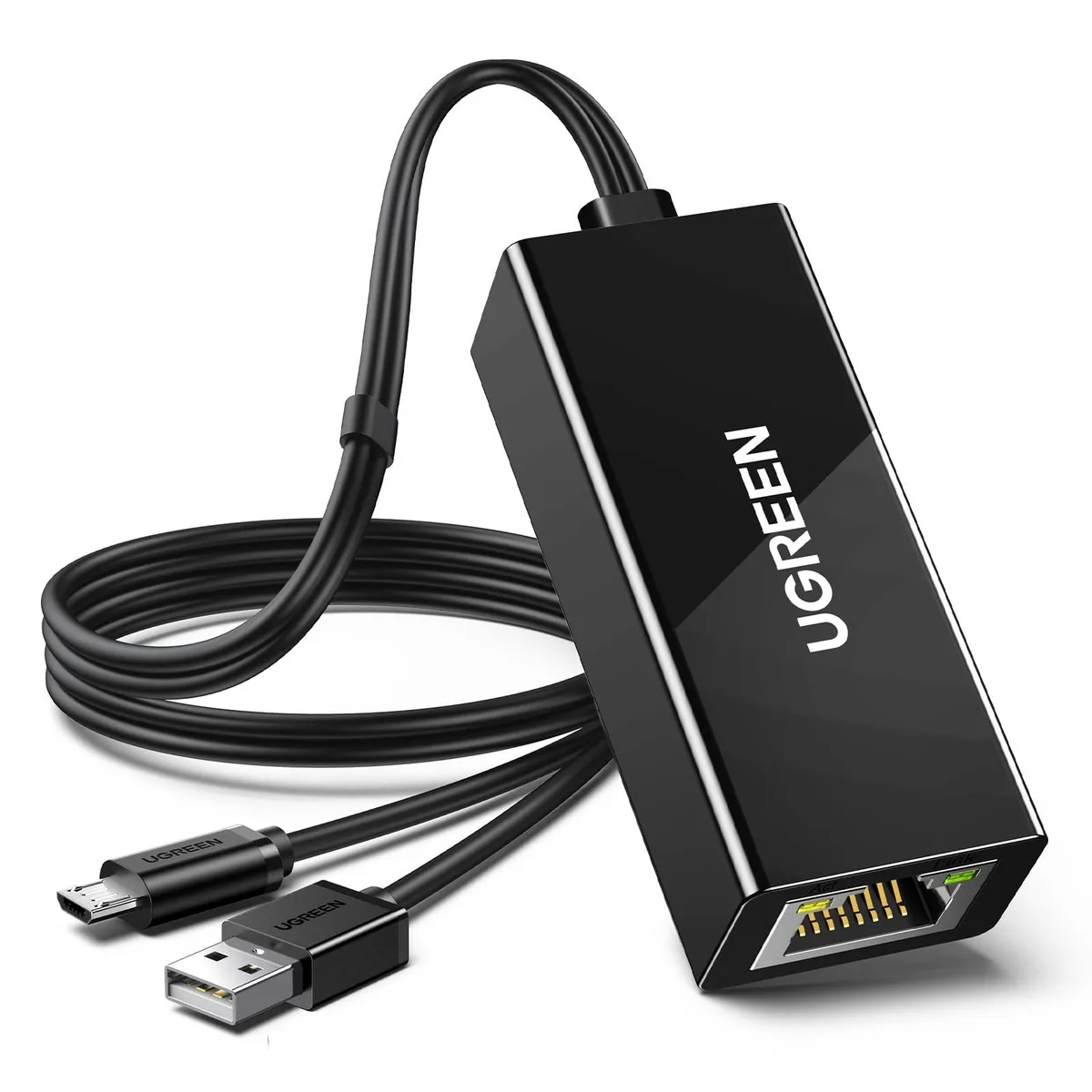 Small white adapter box with Micro USB plug, RJ45 port and USB-A power lead coiled beside it