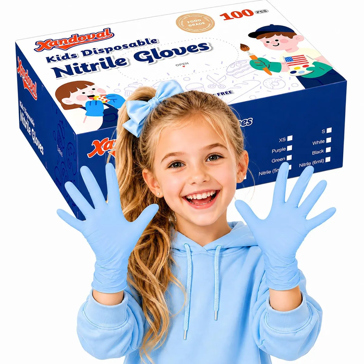 Box of 100 blue nitrile gloves, 5 mil thick, latex-free and powder-free