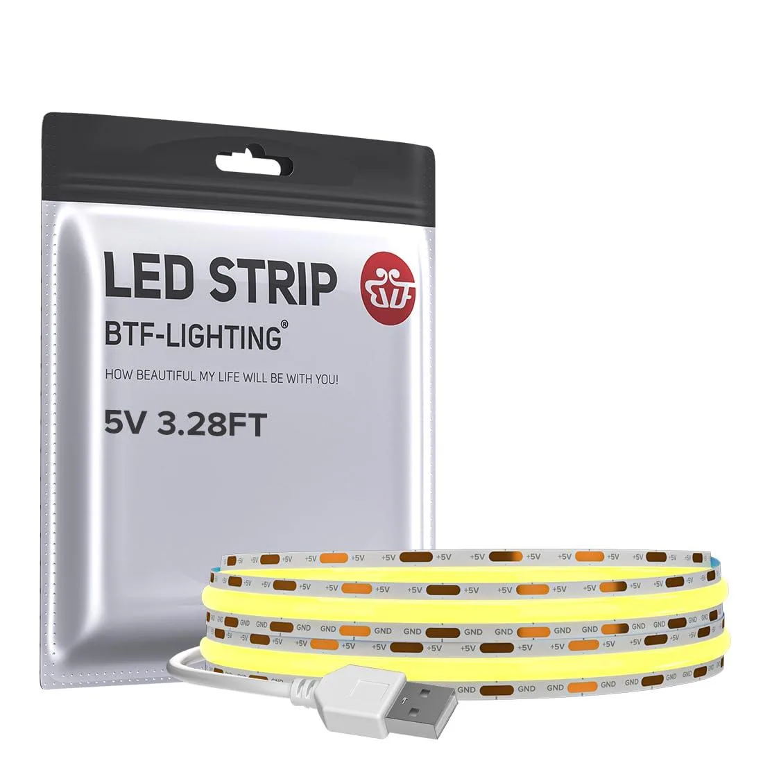 BTF-LIGHTING FCOB USB LED Strip 6000K 3.28FT 320LEDs 5V IP30 — product photo