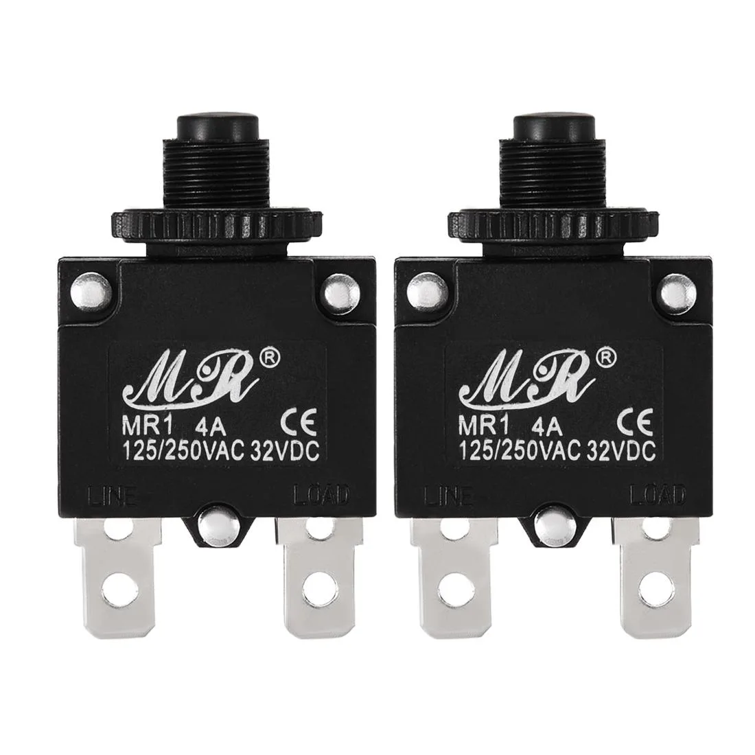 Two black rectangular circuit breakers with push-button reset, 28 by 13 by 46 mm