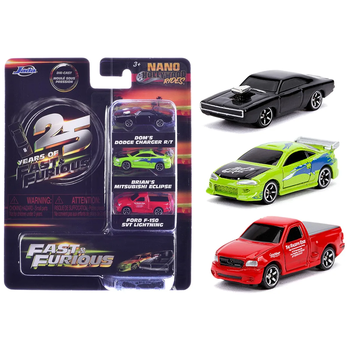 Jada Jada Fast &amp; Furious 25th Anniversary 3 Piece Set #1 Nano Hollywood Rides Diecast Cars — product photo