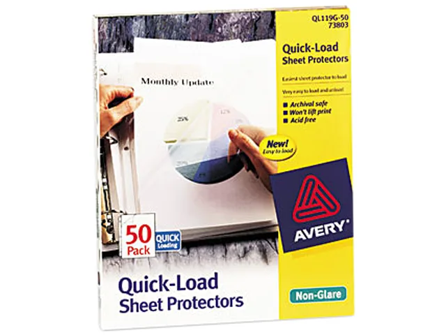 Clear polypropylene sheet protectors in 50-count pack, top-loading with three-hole punch