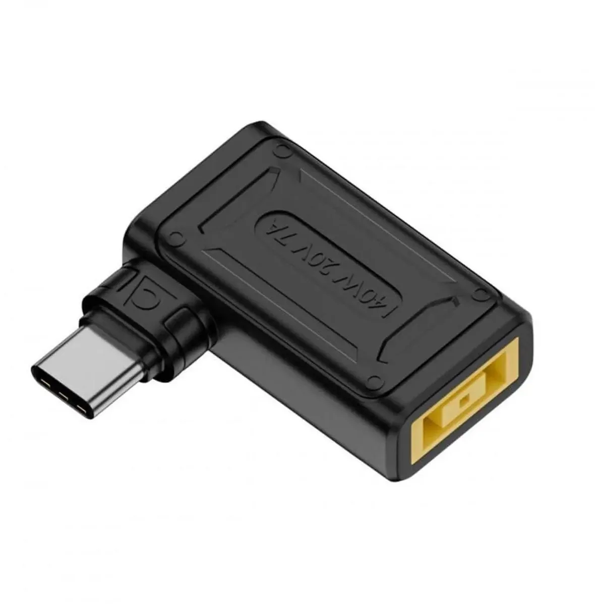 Small rectangular adapter with right-angled USB-C plug and rectangular jack input, matte black finish