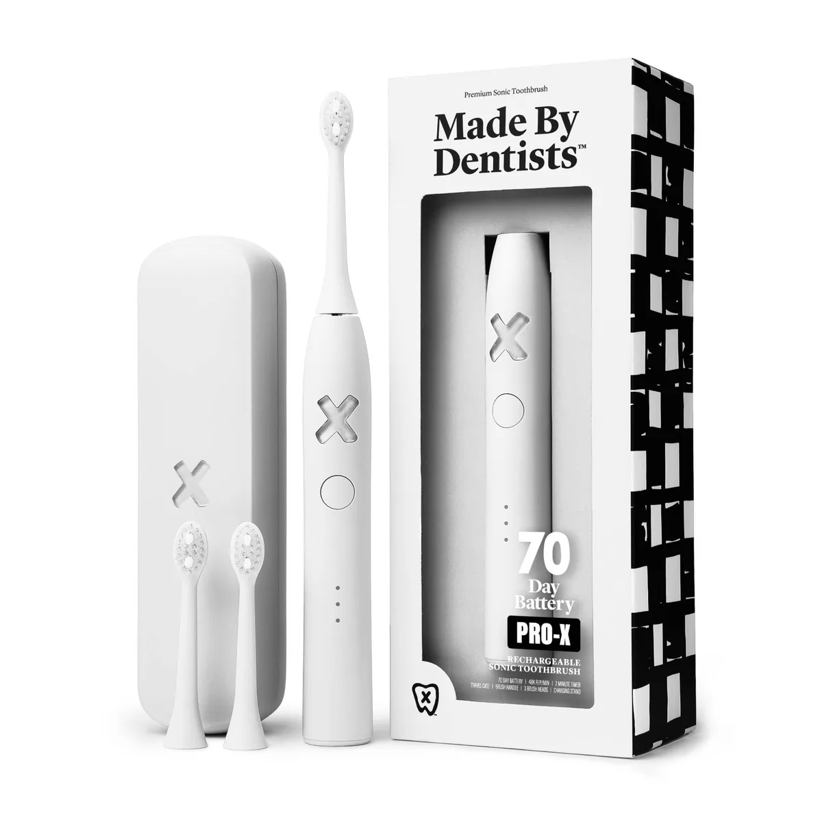 White sonic electric toothbrush with charging stand and travel case