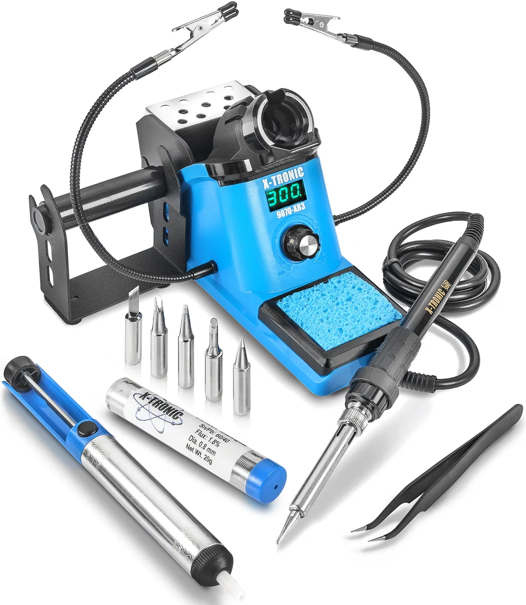 X-Tronic (X-Tronic International, Inc.) X-Tronic 9070-XR3 90 W soldering station with 5 tips, sucker, tweezers, solder — product photo