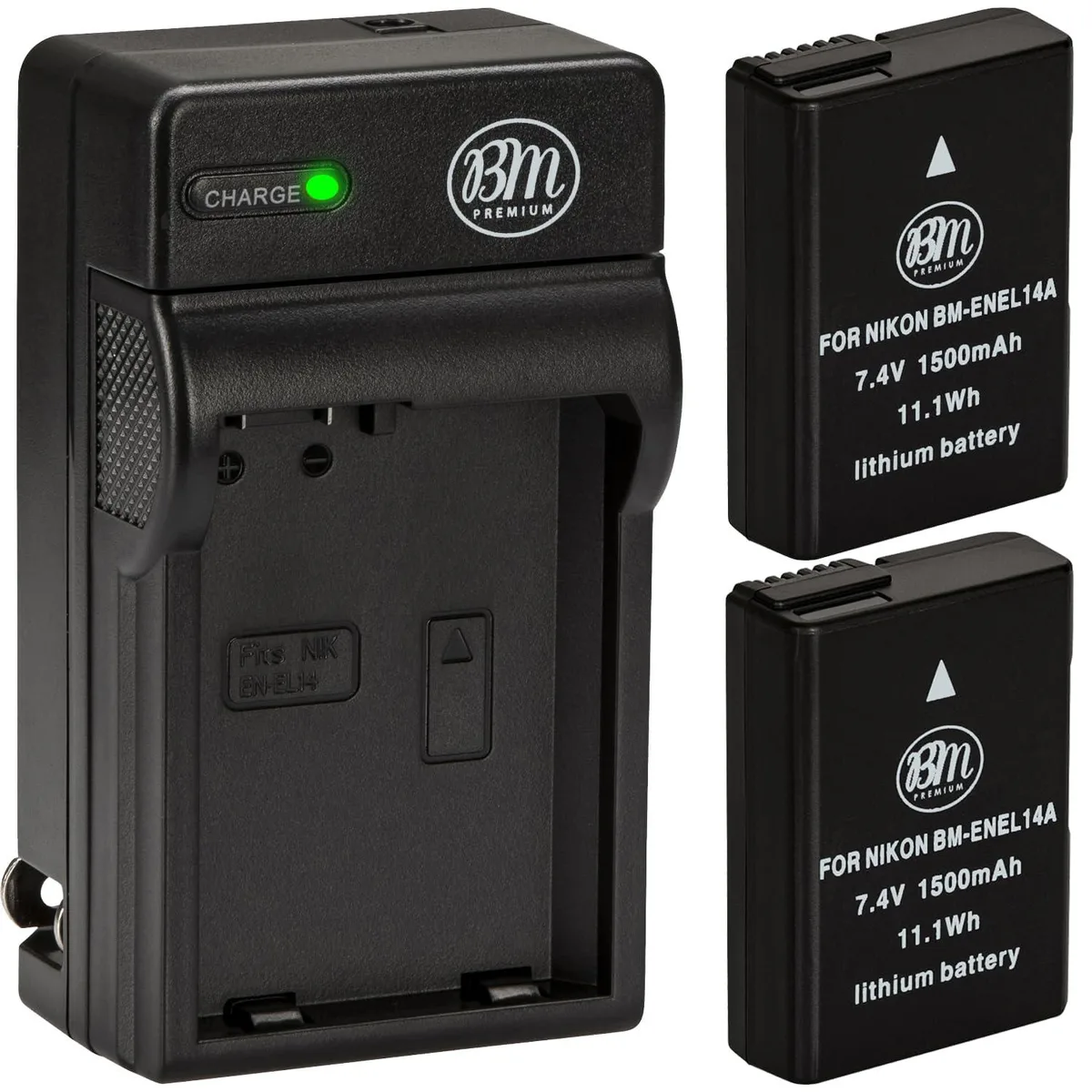  BM Premium EN-EL14A 1500 mAh 7.4 V Li-ion 2-pack with charger — product photo