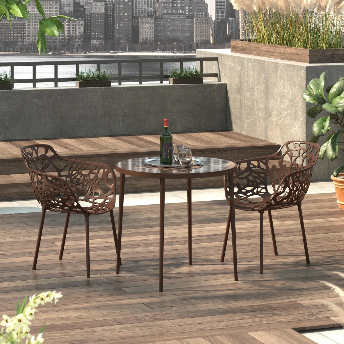 LeisureMod LeisureMod Devon Tree Design Glass Top Aluminum Bistro Table Brown — product photo